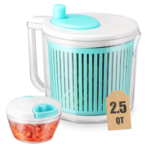 Salad Spinner with Chopper Set，2.5Qt Lettuce Spinner with Built-in Colander and Measuring Cup Bowl，Small Plastic Fruit Cleaner Pasta Dryer Herb Cleaner，Single Serve Quick Veggie Prepping Set