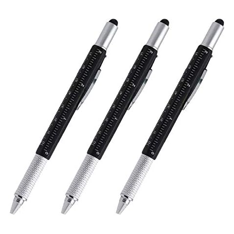 Stylus Pen, 7-in-1 Multi-Tool Pen Touchscreen Stylus, Ballpoint Pen, Ruler, Level, Phillips Screwdriver and Flathead (3 Pack Black) Cover