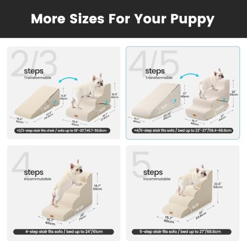 Image of Gardner Pet Dog Stairs for Small Dogs 22 inch H, 2 in 1 Transformable 4-Step Pet Stairs and Dog Ramp for Couch Bed (23-27 in), Adjustable Pet Steps Beige