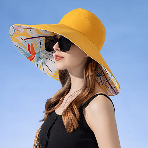 Huamulan Women Wide Brim Summer Sun Hat Wired Edge Floral Beach Bucket Hats Reversible Foldable Fishing Travel Uv Protection Lady Hat Windproof Chin Cord String #TOP3