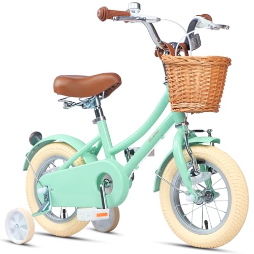 Glerc 12 Pulgadas Bicicleta Infantil Estilo Retro Vintage para niñas de 2 3 4 años con Ruedas de Entrenamiento, Cesta y Timbre, Vert Menthe