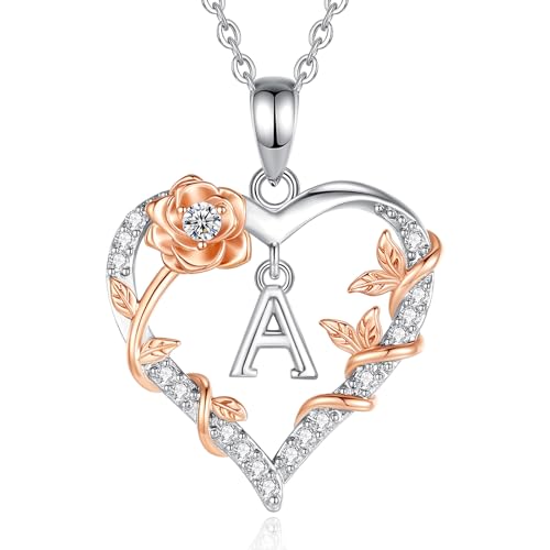 EUDORA Rose Heart Initial Necklace for Women Letter Alphabet Initial Necklaces Copper Rhodium Plated Pendant with Cubic Zirconia, Initials Jewelry Gifts for Women Wife Mother, 18