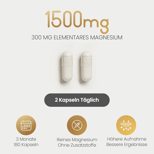 Magnesium glycinat 180 Kapseln – 300 mg elementares Magnesium pro Portion – 1500 mg Magnesiumbisglycinat pro Dosis – Hochdosiert und ohne Zusatzstoffe – VitaBright Bio-Magnesiumbisglycinat