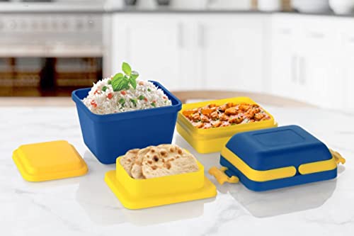 Image of TASTIC Plastic Dieting Airtight Lunch /Tiffin Box Set 3 Compartment Tiffin with Handle & Push Lock for Travelling, School Kids & Office Exclusive,Blue