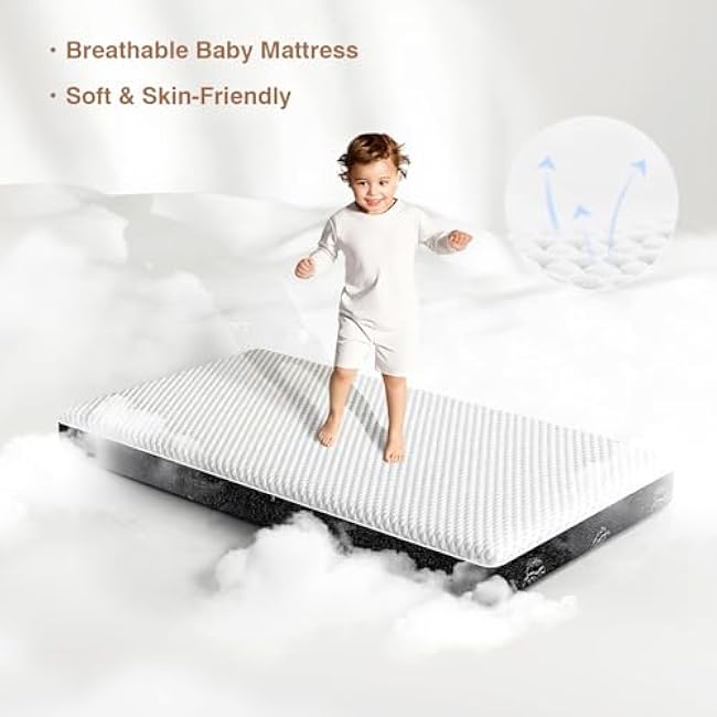 Crib Mattress, Dual-Sided Comfort Baby and Toddler Bed Mattress with Cool Gel Memory Foam, Triple-Layer Breathable Premium Baby Mattress for Infant and Toddler with Removable Outer Cover -White&Black