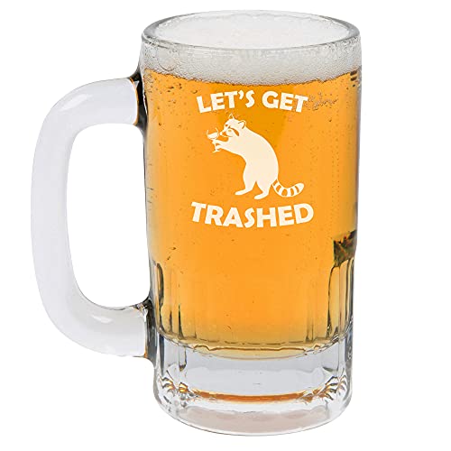 12oz Beer Mug Stein Glass Let's Get Trashed Raccoon Funny