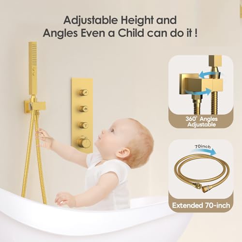 Image of Thermostatic Dual Shower System Brushed Gold,Push Button Diverter Rainfall Shower Faucet Set with 2 in 1 Handheld Spray,12'' Ceiling Mount and 6'' Wall Mount Rainfall Shower System