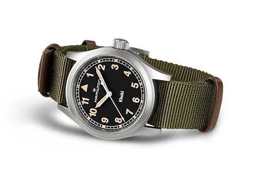 Image of Hamilton Khaki Field Khaki Quartz Men's Watch, 38mm Stainless Steel Case, Swiss Made, Black Dial Analog Wrist Watch for Men, 50m Waterproof, Sapphire Crystal, Textile Strap