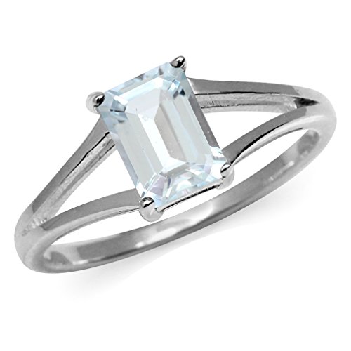 Silvershake Genuine Octagon Shape Blue Aquamarine White Gold Plated 925 Sterling Silver Solitaire Ring Size 8.5