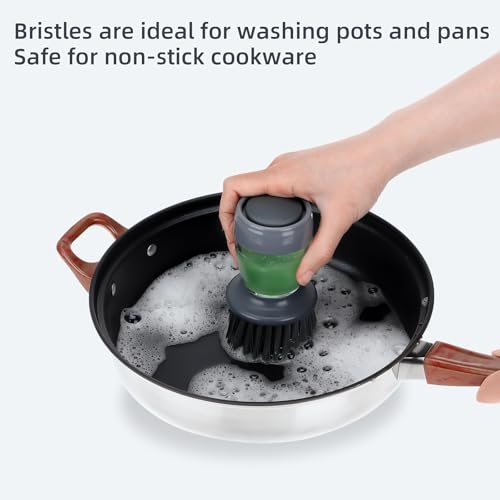 Image of Dish Brush with Soap Dispenser, Kitchen Scrub Brush for Dishes Pots Pans Sink Cleaning, Dish Scrubber with Holder Set (2-Pack Combo Set)