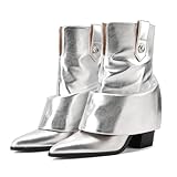 Ouwilov Women’s Silver Fold Over Ankle Boots – Metallic Western Short Booties with Pointed Toe and Low Heel, Futuristic Silver Shark Fold Over Boots for Women Party, Night Out & Street Style