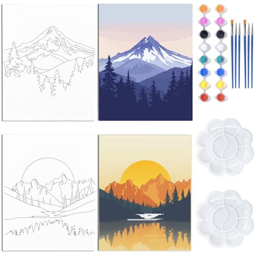 WEBEEDY 2 Pack Pre Drawn Stretched Canvas Kit Canvas Painting Pre Printed Canvas 20x25cm/8x10 Inch Pre Drawn Canvas for Painting for Adults Outline Canvas for Adult DIY Painting Mountain Landscape