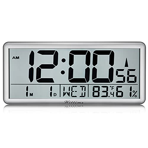 Wittime 4080 Atomic Clock Digital Wall Clock Battery Operated Indoor Thermometer Desk Clocks with Indoor Temperature Humidity Monitor Clock with Date, Time for Elderly Digital Large Display 14" Auto