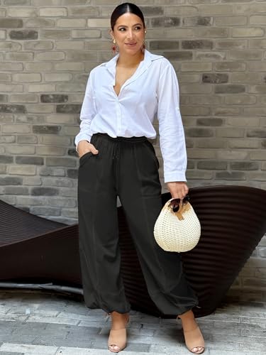 ZAFUL Women Casual Linen Pants Lightweight Drawstring Elastic Waist Lounge Linen Summer Fall Pants with Pockets2