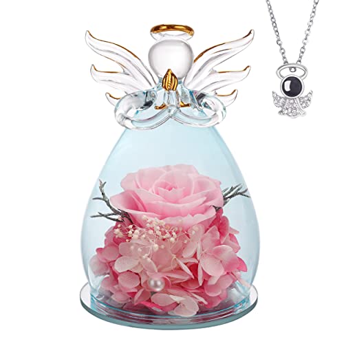 ANLUNOB 5.2Ã—3.3inch Mother's Day Glass Angel Gifts with I Love You Necklace in 100 Languages Pink Preserved Flowers, Christmas Birthday Gifts for Grandma Mom Women