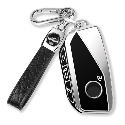 QBUC for BMW Key Fob Cover with Keychain Chrome Silver Trim Soft TPU Protection Case Compatible with 2023-2025 BMW 7 Series 740 760i I5 I7 IX X1 X5 X6 X7 XM (Black)