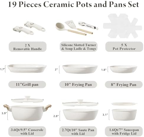 19 Pcs Pots and Pans Set Non Stick Ceramic Cookware Set with Removable Handles, Non Toxic Induction Kitchen Cookware Sets RV Cookware,Dishwasher/Oven Safe PFAS/PTFE/PFOA Free Cream White