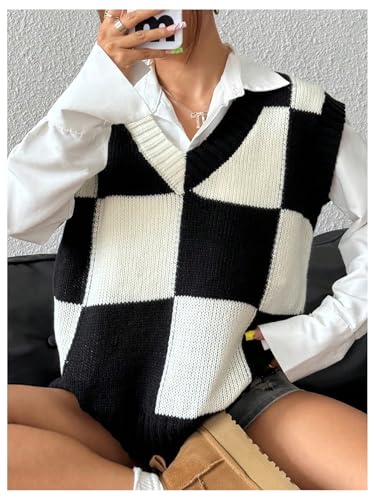 Verdusa Women's Checkered Sweater Vest Old Money Knit Tops 2025 Fall Trendy Cap Sleeve Sweater Vest4