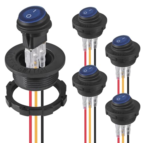 DWEII 5PCS Round Rocker Switch 12V 20A with Shell 12V Blue LED Rocker Toggle Switch Lighted ON Off SPST 3 Pin Rocker Switch 12 Volt Waterproof for Automotive Car Boat