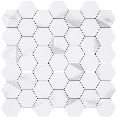 DICOFUN 1 Sheet Hexagon Tile Peel and Stick Backsplash, White Marble Look PVC Mixed Silver Metal Mosaic Tiles for Kitchen and Bathroom
