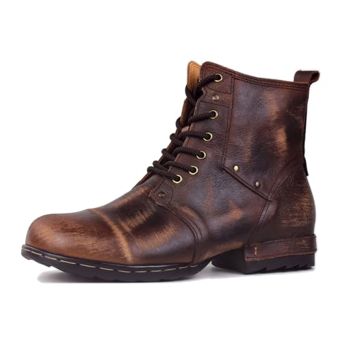 Image of OSSTONE Vintage Brown Moto Boots for Men Fashion lace-up Leather Retro Chukka Boots Casual Shoes OS-6015-6-Vintage-US-R