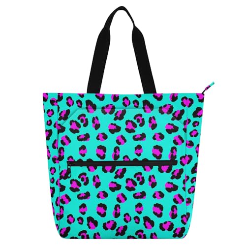 Bolsa de compras de ombro com estampa de leopardo azul-petróleo para crianças, tecido Oxford, com zíper e vários bolsos