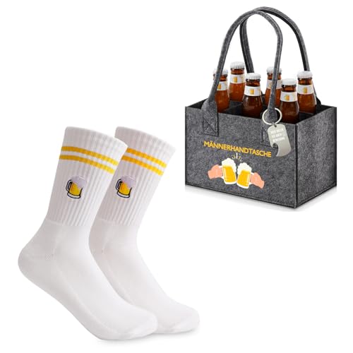YANSYUN Juego de 3 regalos de cerveza para hombre, bolsa para botellas de cerveza con calcetines bordados y abridor, bolsa de fieltro extra gruesa de 24 cm con 6 compartimentos, regalo para novio