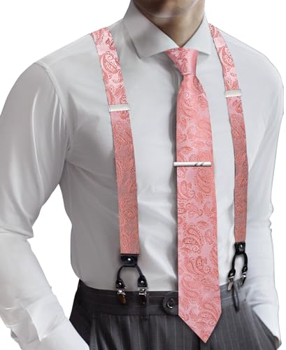 Image of Barry.Wang Men Suspender Set with Necktie Elastic Y Type Heavy Duty 6 Clips Braces Tie Handkerchief Cufflink Pin 6PCS