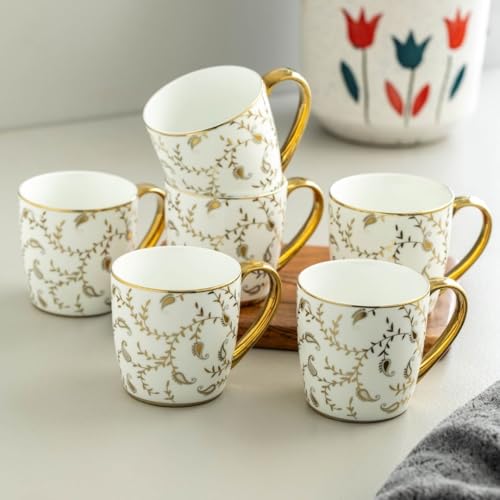 Image of Clay Craft Premium Ceramic Gold Floral Coffee & Tea Mug Set of 6 | Elegant Mugs with Gold Handle for Home, Office & Gifting | Glossy Finish Ceramic Cups | White & Gold