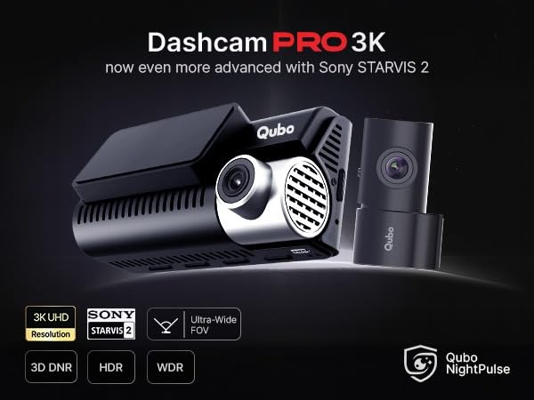 Image of Qubo Car Dashcam Pro 3K with Sony STARVIS IMX335 Sensor | Dual Channel | Hero Group | NightPulse Vision | 5MP UHD Front Wide, 2MP FHD Rear | 3.2 inch LCD | Built-in GPS, Wi-Fi | App | Up to 1TB Storage
