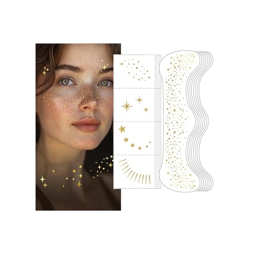 12 Pezzi Lentiggini Glitter Tatuaggio Facciale, Tatuaggi Temporanei Lentiggini Anti-Udore e Impermeabili, Stelle e Punti, Glitter Freckles Face Tattoo per Festival Musicali Spiaggia e Feste (Oro)