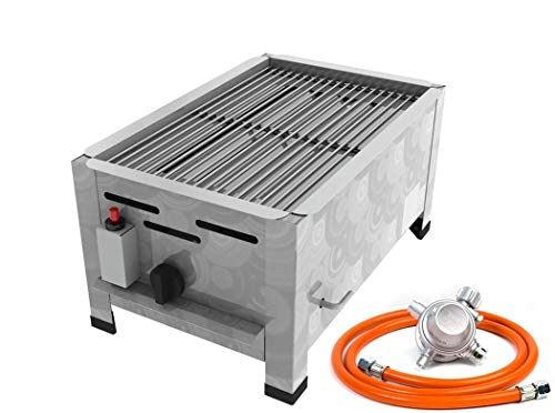 Gas-Shop-24 Gastro Edelstahl Gasbräter 1 flammig 3,6 KW mit Grillrost f. Propangas + Gasschlauch, Gewerberegler und SBS (Gastronomie-Gastro Kocher, Gasgrill, Bräter,Grill)