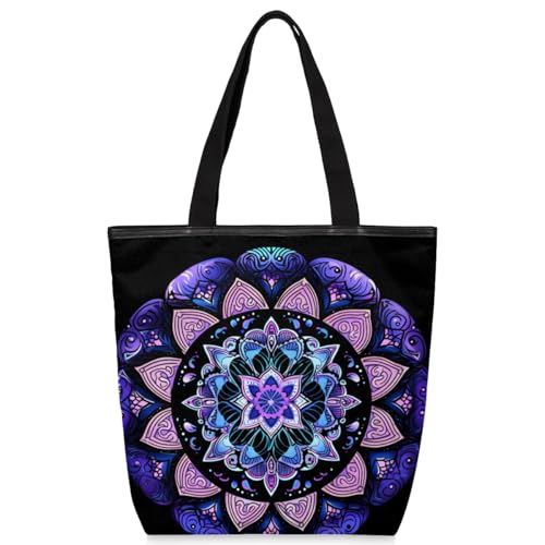 Mularoka Purple Mandala Canvas Tote Bag with Zipper and Pockets Canvas Tote Shopping Bag Women Reusable Grocery Bag for Beach Travel Gym Shopping