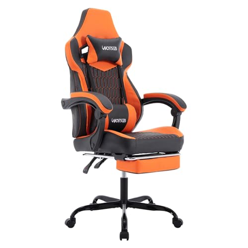Wotsta Synthetic Leather High Back Swivel Gaming Chair with Reclination Angle Adjustable Backrest Adjustable Seat Height Equiped with Arm Pads Retractable Foot Rest (Black Orange)