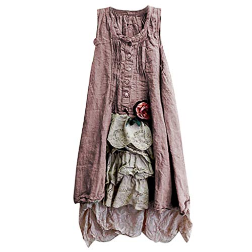 Sunnywill Women Dress, Plus Size Fashion Women O-Neck Sleeveless Patchwork Button Tank Top Dress Womens Popular Classic Tunic Dress Loose Dress Red