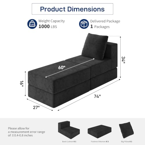 Image of Living&Giving Cloud Sectional Couch for Living Room, Modular Boneless Couch with 1 Ottoman, Middle-seat Can Be Combined with Modular Sofa, Customizable Layout for Any Space, Black