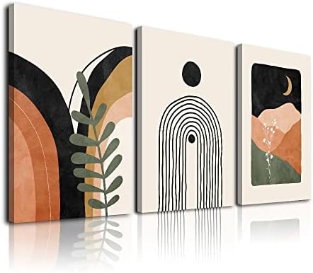 Boho Wall Art Set Of 3, Boho Room Decor, Mid Century Modern Wall Art, Framed Neutral Abstract Geometric Prints Black Beige Orange Minimalist Art Framed Canvas Prints Artwork 12" X 16" Ready To Hang for Bathroom Bedroom Wall Decor