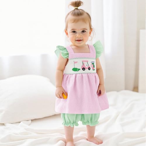 Golf Toddler Girl Outfit Golf Cart Embroidered Striped Fly Sleeve Tunic Tops and Shorts Summer Clothes 2Pcs Set2