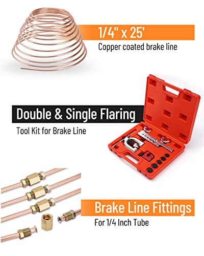Racewill 25 Ft 1/4" Copper Coated Brake Line Kit (Includes 16 Fittings And 4 Unions Brake Line Fittings) + Brake Line Double & Single Flaring Tool Kit #TOP1