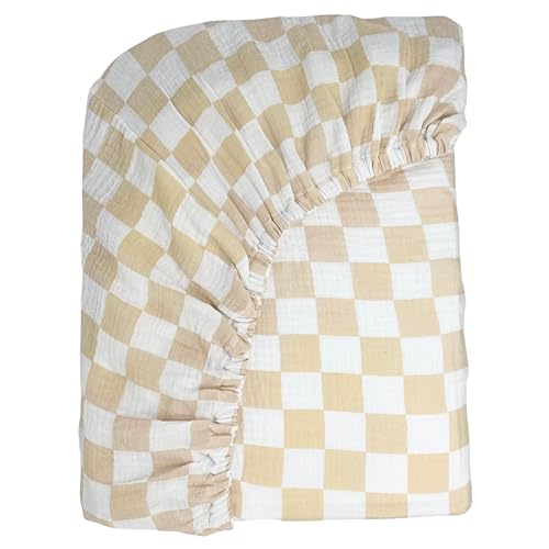 Image of Bolton Baby Co. Fitted Muslin Checkered Crib Sheets Breathable Cotton Crib Sheet for Baby Girl or Boy, Standard Fit for Crib Mattress or Toddler Bed 28"x52" (Sand)
