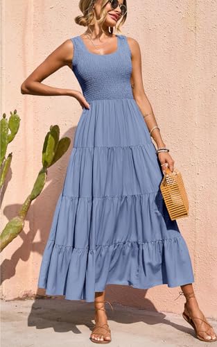 Image of PRETTYGARDEN Women's 2026 Casual Loose Plain Maxi Sundress Smocked Tank Dress Sleeveless Summer Beach Tiered Long Dresses