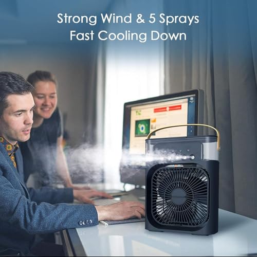 Image of DRUMSTONE (Luxurious 5 Year Warranty) Portable USB Mini Air Cooler with Mist Spray, 3-Speed Personal Desk Fan, 7-Color LED Night Light, Timer Function for Home, Office, Bedroom & Study BLACK