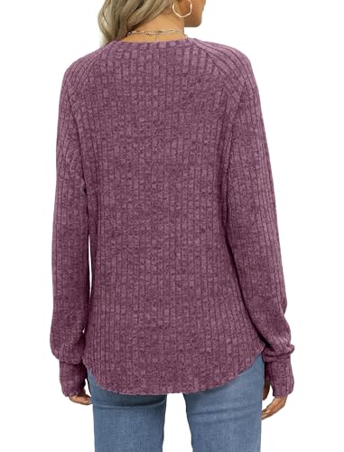 Image of Saloogoe Women's Long Sleeve Top Crewneck Basic Lightweight Fall Shirt with Thumb Hole