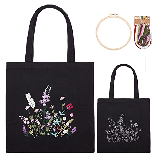 Image of WADORN DIY Canvas Tote Bag Embroidery Kit, Black Personalized Canvas Bag Kit Flower Cross Stitch Kit with Pattern DIY Crafts Embroidery Starter Kit Women Handicrafts Gift for Valentine's Day