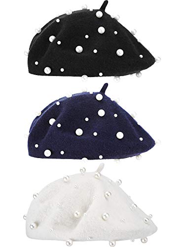 3 Pieces Beret Hat French Style Beanie Cap Solid Color Winter Hat for Women and Girls Casual Use (Black, White, Navy Blue)