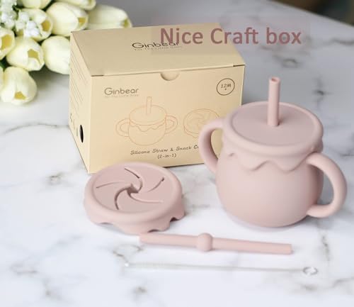 Image of Moonkie 2-in-1 Silicone Baby Cups with Straw and Lid for Snacks, 8.5 oz Spill-Proof Sippy Cups, Training Cup for Toddlers Ages (Pink)