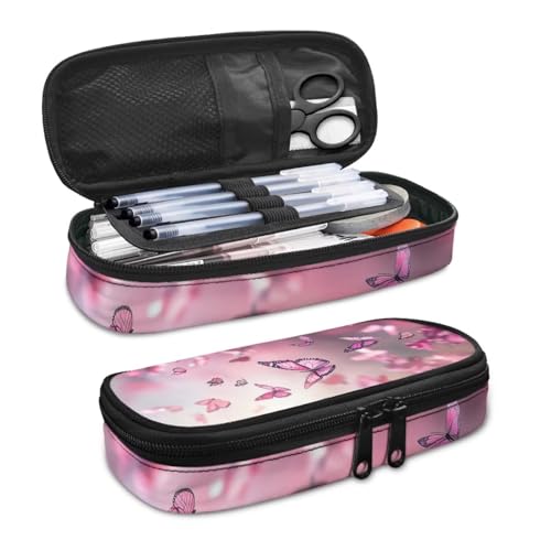 Image of 8.8 inch x 4.1 inch x 1.7 inch Pencil Box, Pink Butterfly Cherry Blossom Print Pencil Case Pouch Pen Storage Bag Pencil Organizer for Stationery Fountain Pens