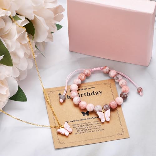 CHUNG Girls Natural Stone Beaded Bracelet Pink Butterfly Necklace 6-12 Years Old Birthday Gifts Christmas for Daughter Granddaughter Niece4