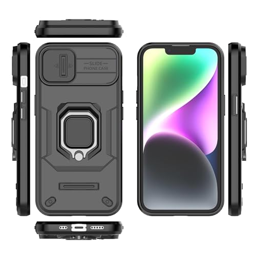 Image of Polycarbonate Camshield Pro Case With Slide Camera Protection And 360 Protection Ring Stand Bumper Back Case Cover For iPhone 14 (Black)