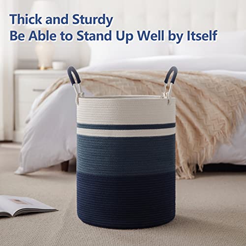 Sixdove Laundry Hamper, Large Woven Rope Laundry Basket With Handles, Decorative Storage Basket For Clothes And Toys In Living Room, Bedroom, 15" X 20", Navy Blue & White #TOP1
